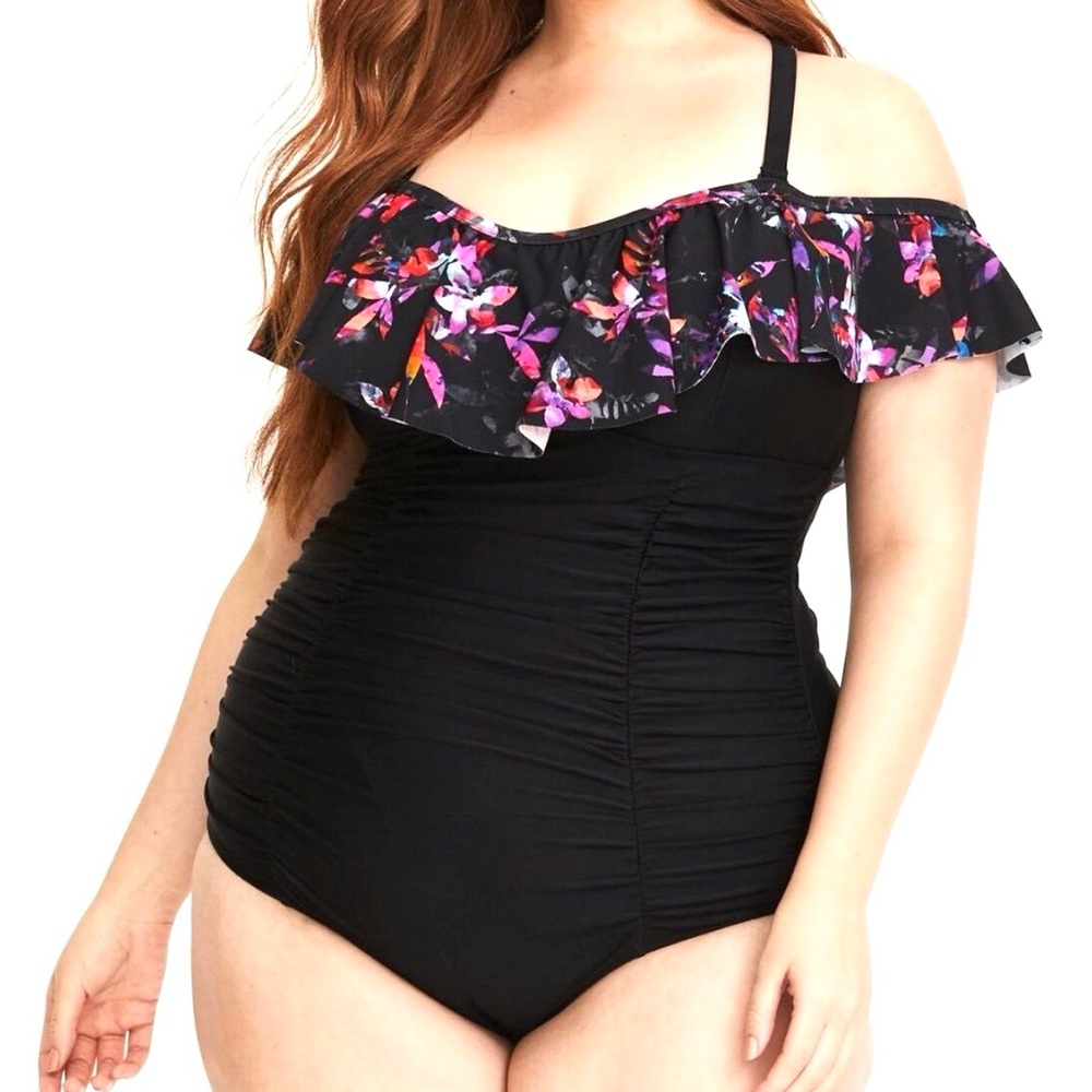 🌼TORRID Ruffle Trim Off-The-Shoulder Ruched Swimsuit🌼 - Picture 6 of 15
